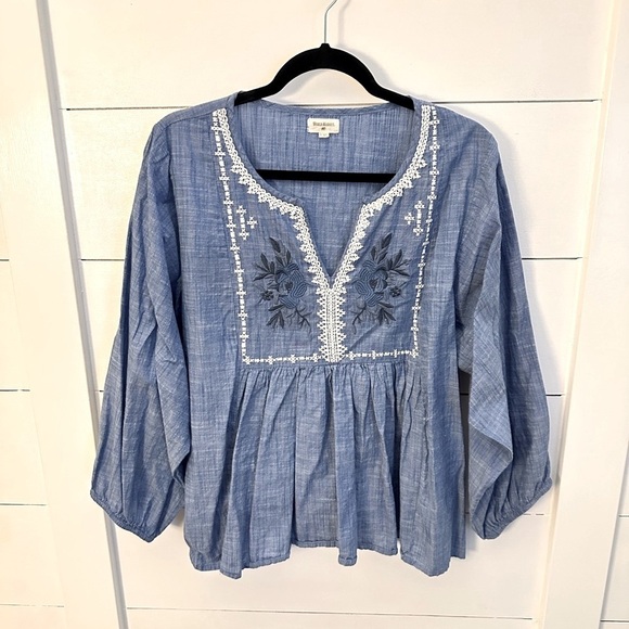 Cost Plus World Market Tops - WORLD MARKET Blue Embroidered Cotton Women peasant Shabby Chic oversize Top L/XL